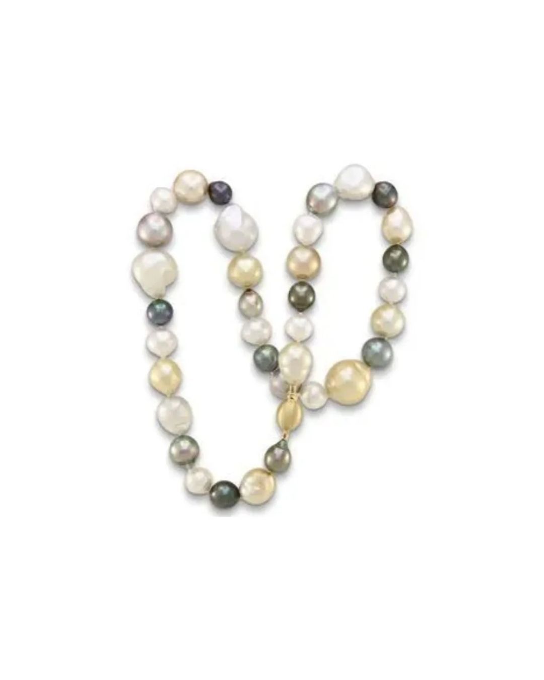 A necklace featuring a mix of multi-colored, irregularly shaped baroque pearls in white, gold, and dark grey tones.