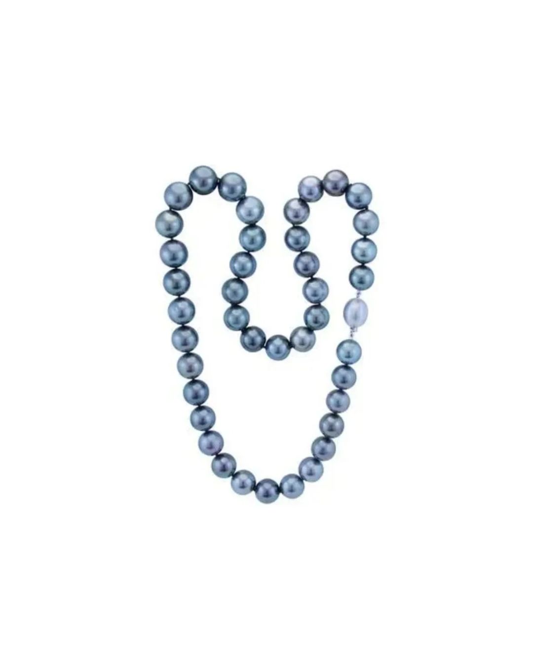 A single strand of dark, lustrous, round pearls arranged in a loop against a plain white background.