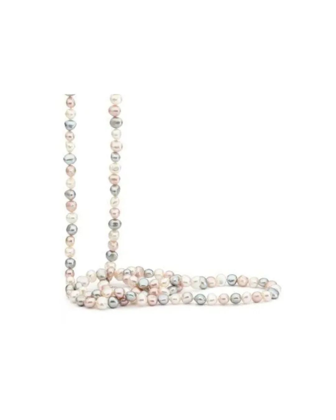 A long strand of multicolored, irregularly shaped freshwater pearls in shades of white, pink, and grey.