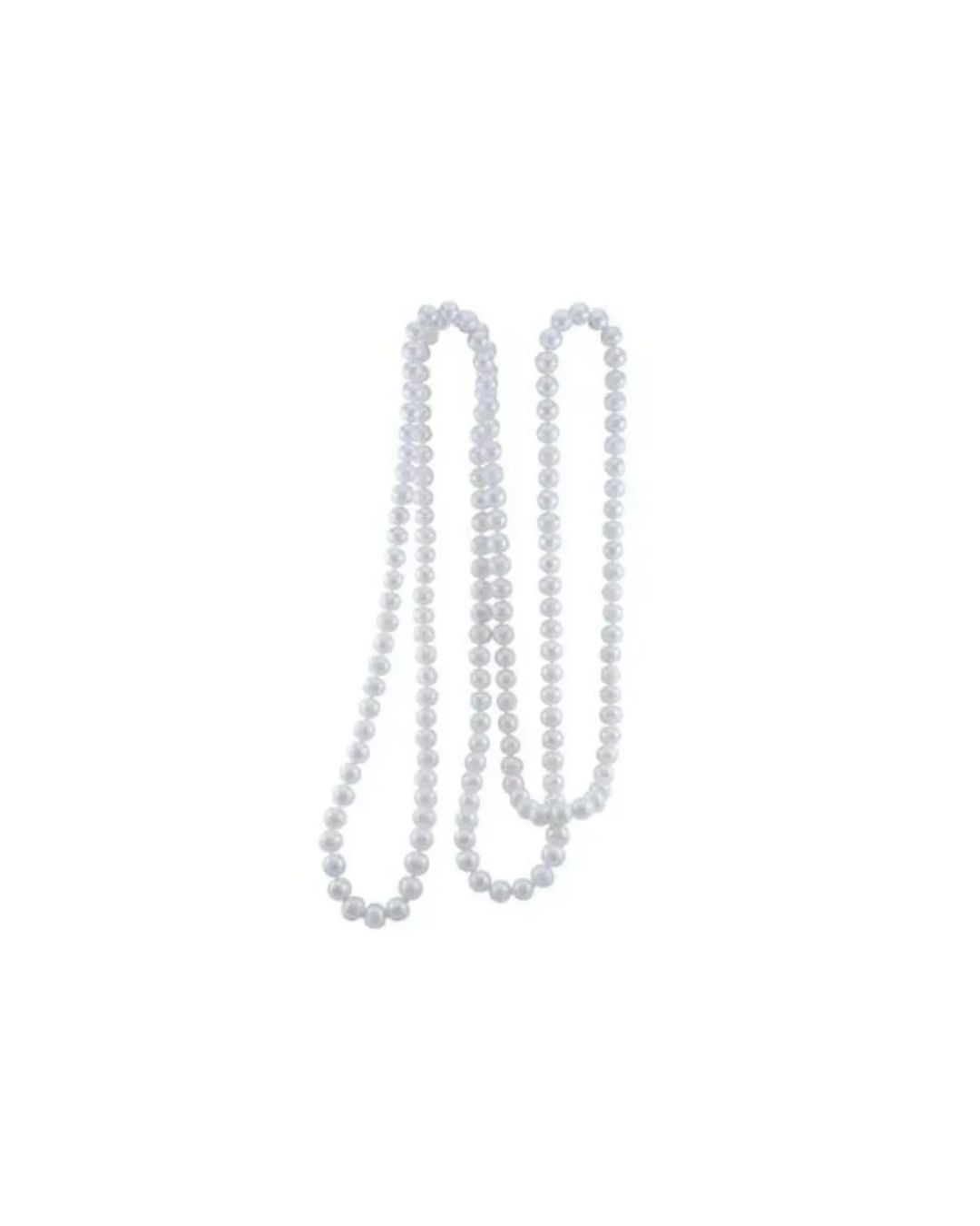 A long, uniform strand of white pearl beads arranged in three looping sections against a white background.