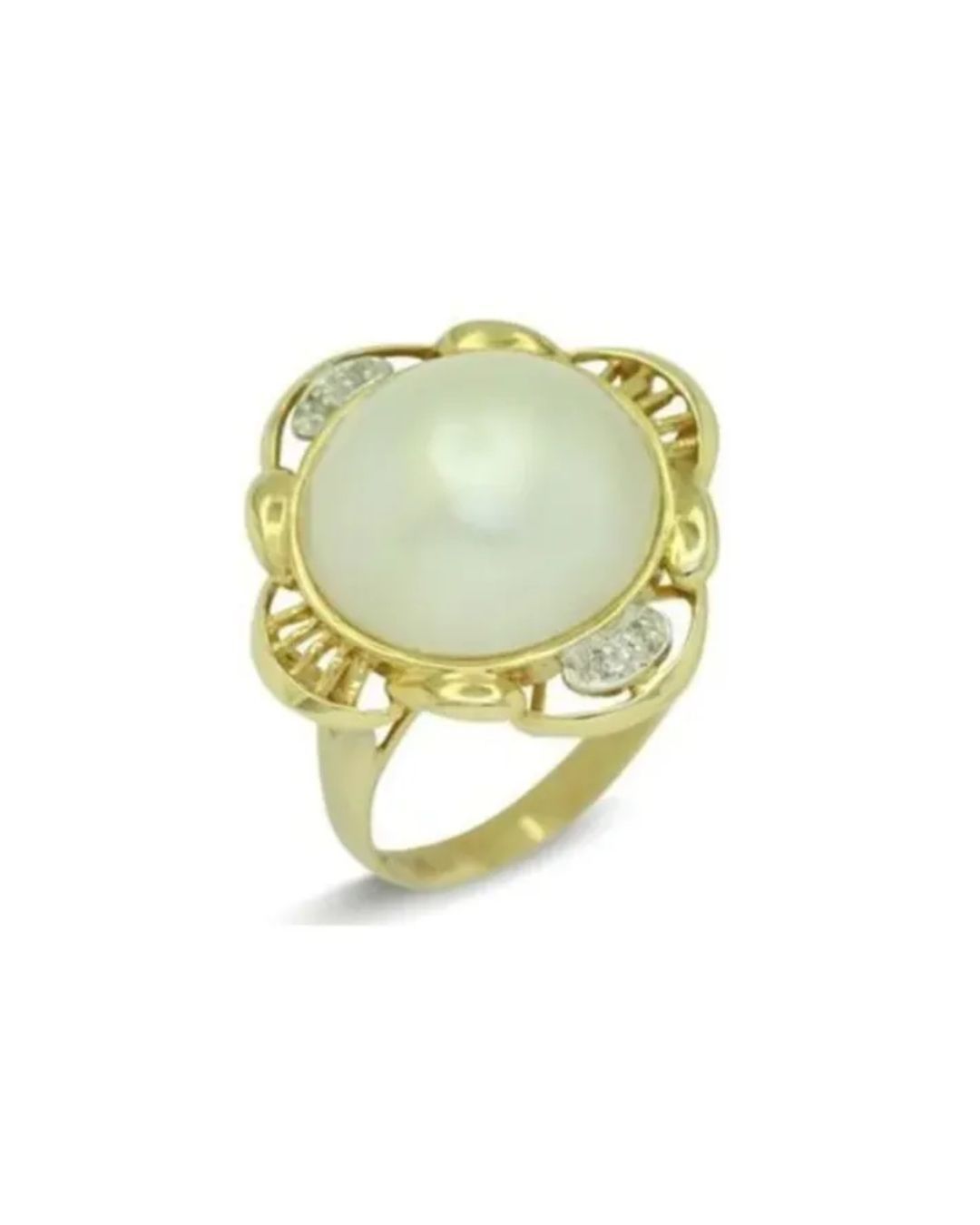 A gold ring with a large, round white pearl at the center and small diamonds set into a decorative, petal-like frame.