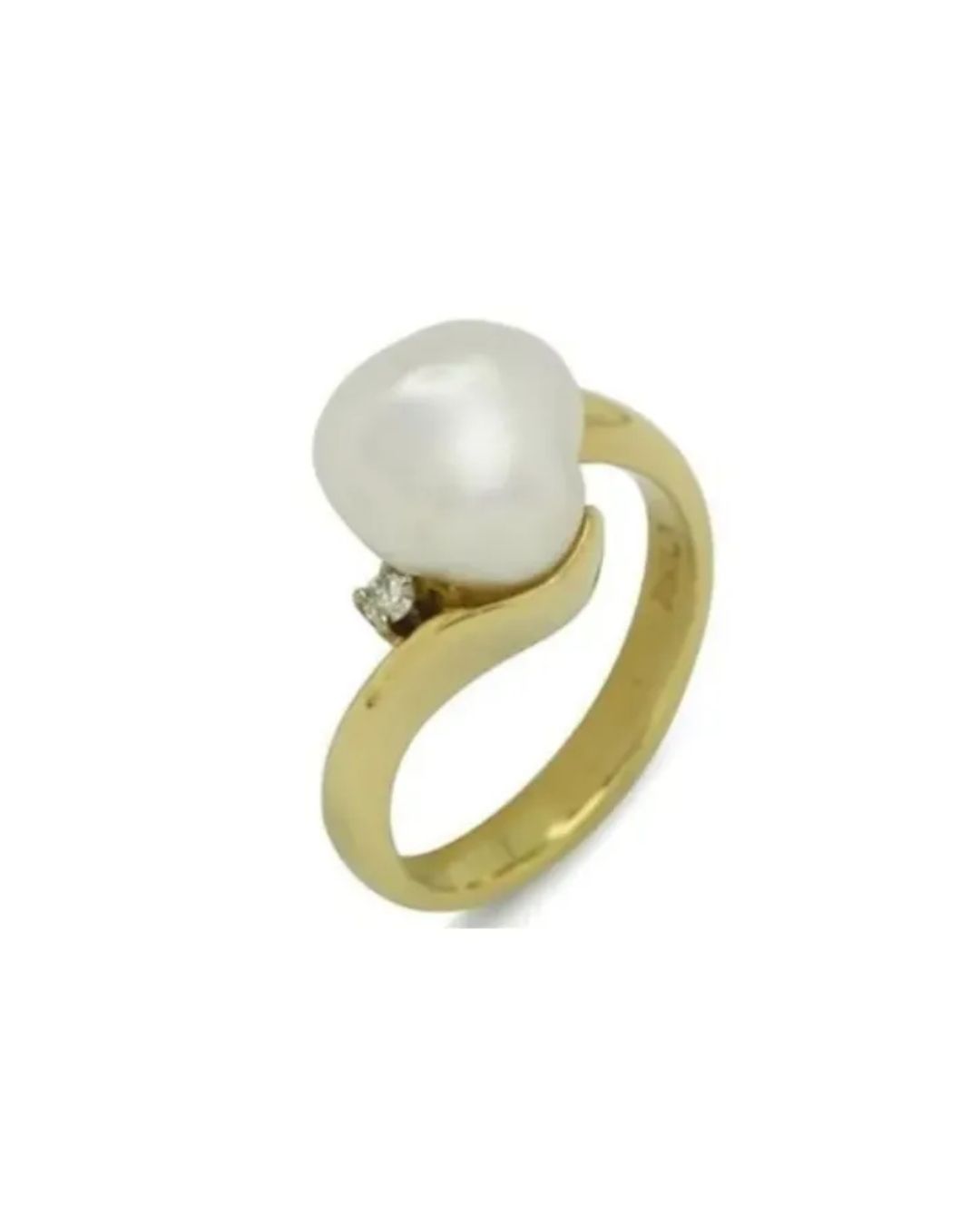 A heart-shaped white pearl ring set in gold with a small diamond accent on the band.