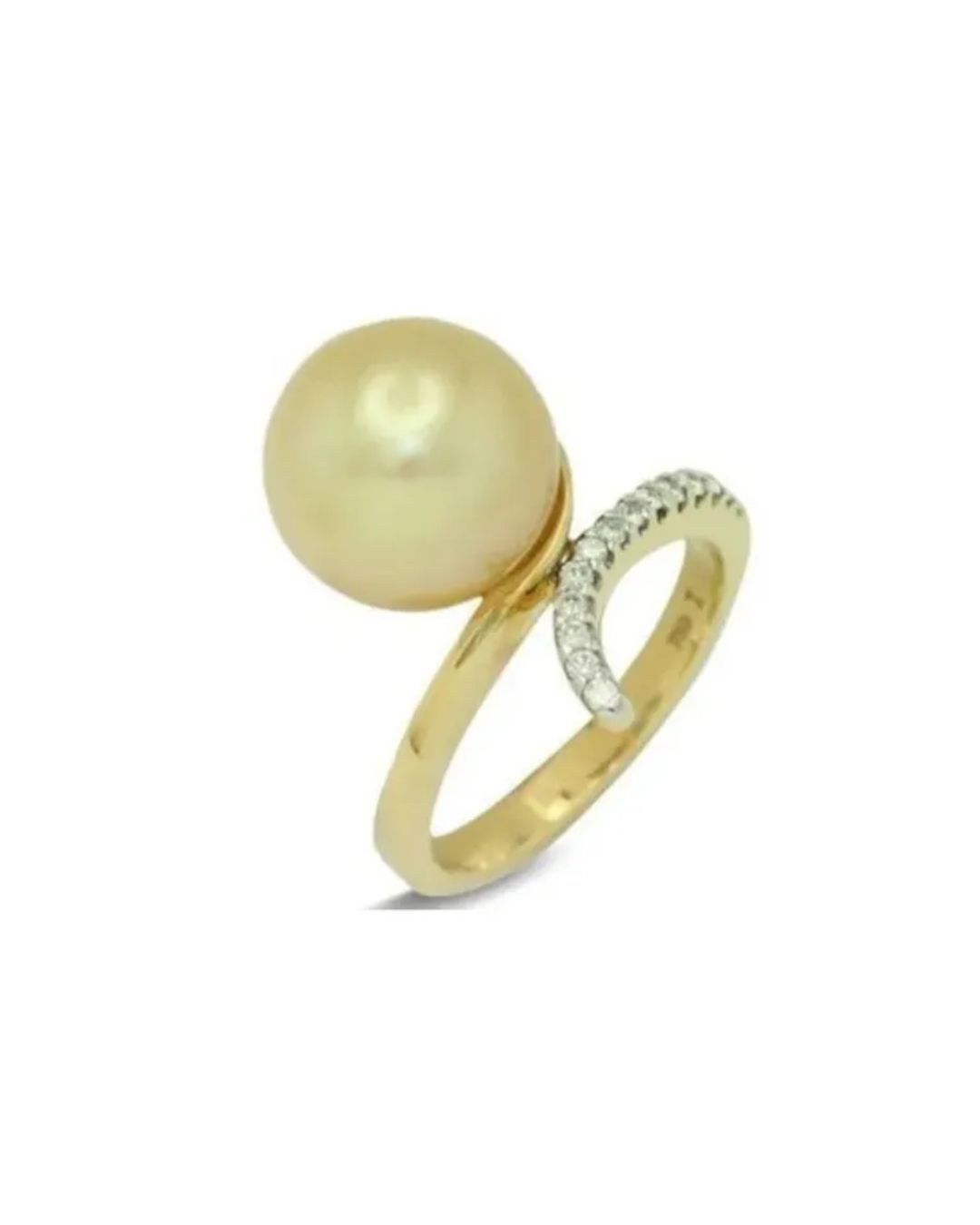Gold ring featuring a large, golden pearl and a sweeping band accented with small white diamonds.