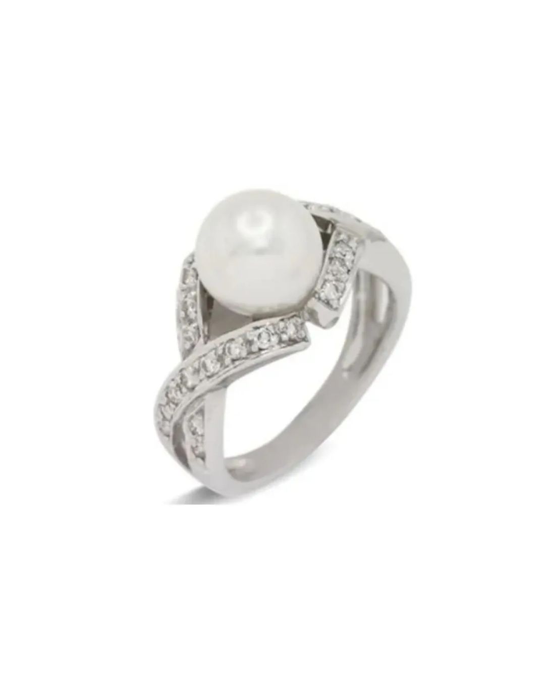 A silver ring featuring a central white pearl, accented with small pavé-set diamonds along a cross-over band.