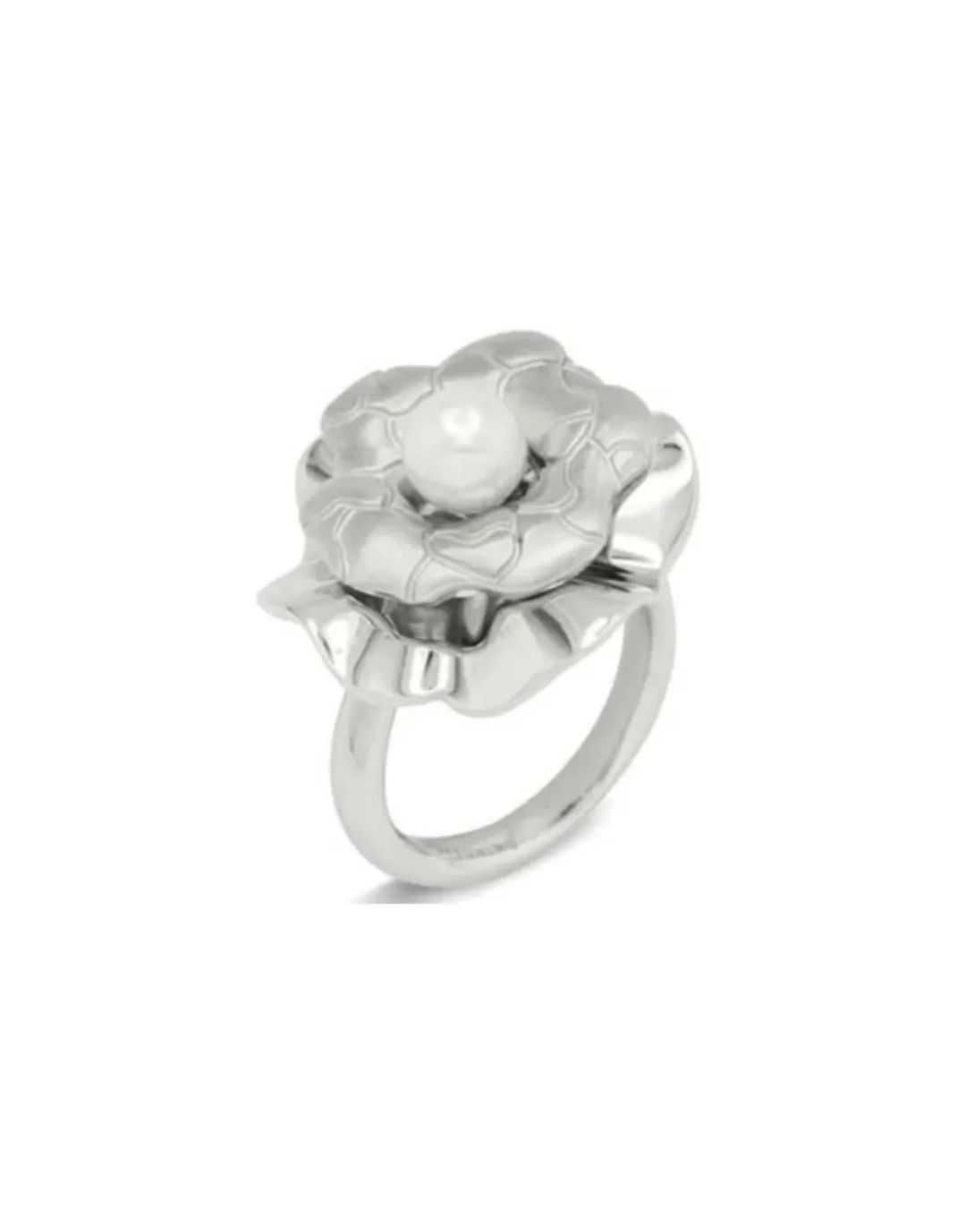 A silver ring featuring a sculptural, multi-layered flower with a single pearl at its center.