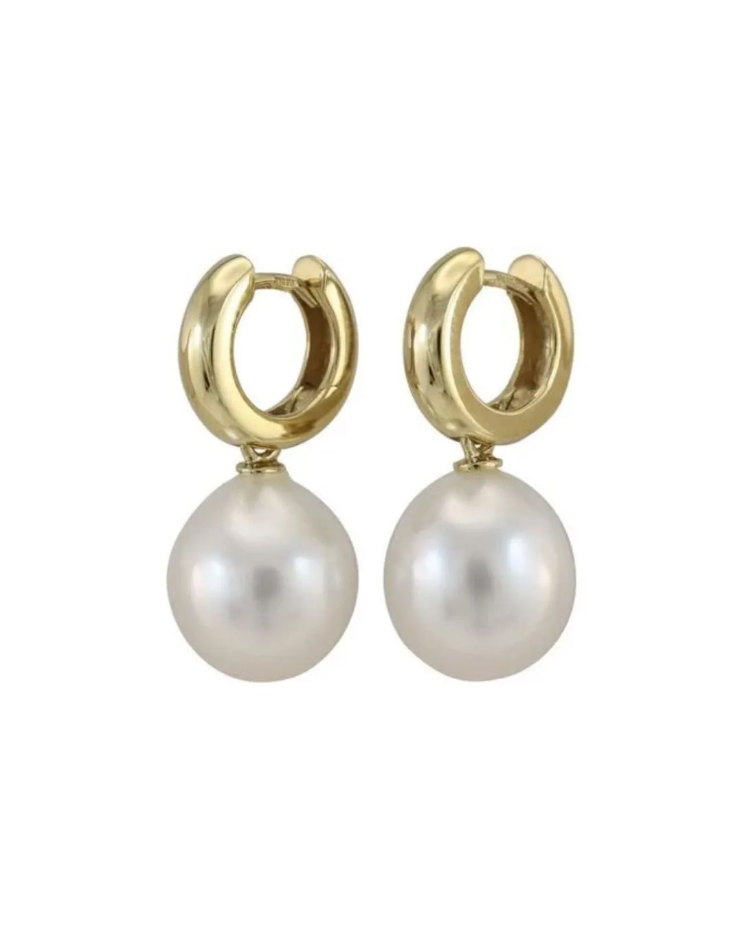Gold hoop earrings with dangling, round white pearls against a white background.