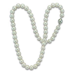 A white pearl necklace with a metallic clasp, arranged in a looped Y-shape against a plain white background.