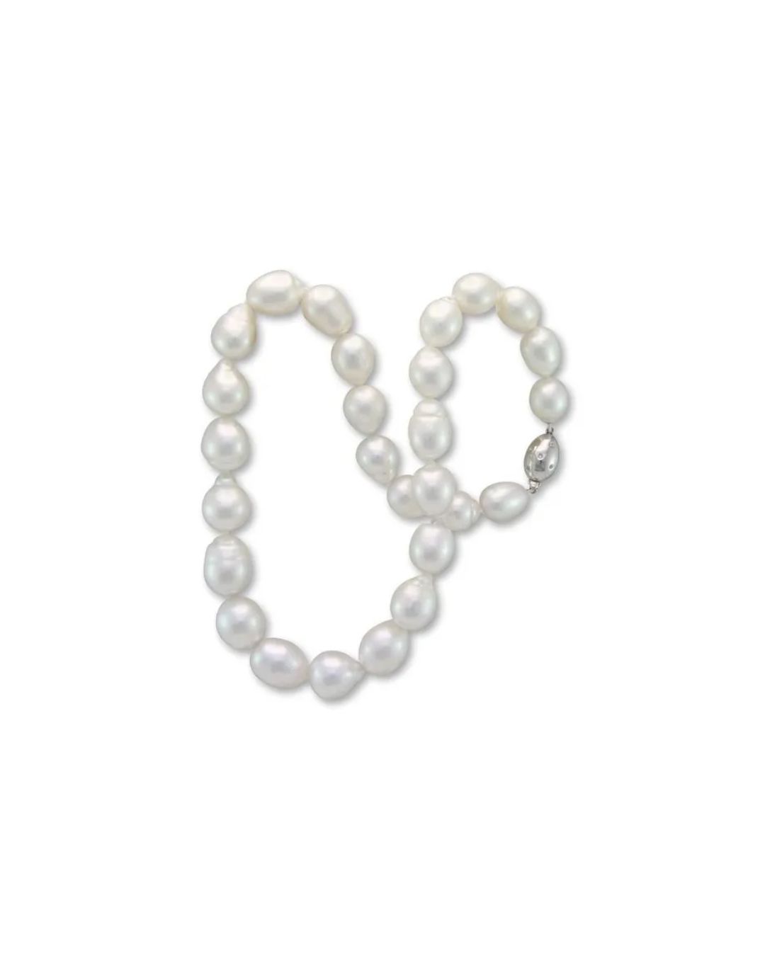 A single strand of white, irregularly shaped freshwater pearls with a simple silver clasp against a white background.