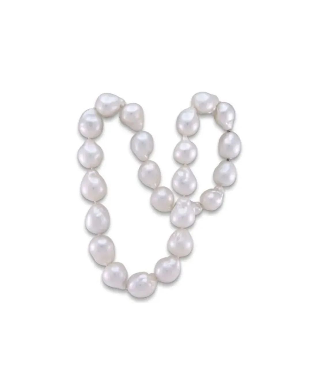 A single strand of white, irregularly shaped baroque pearls arranged in a U-shape against a plain white background.