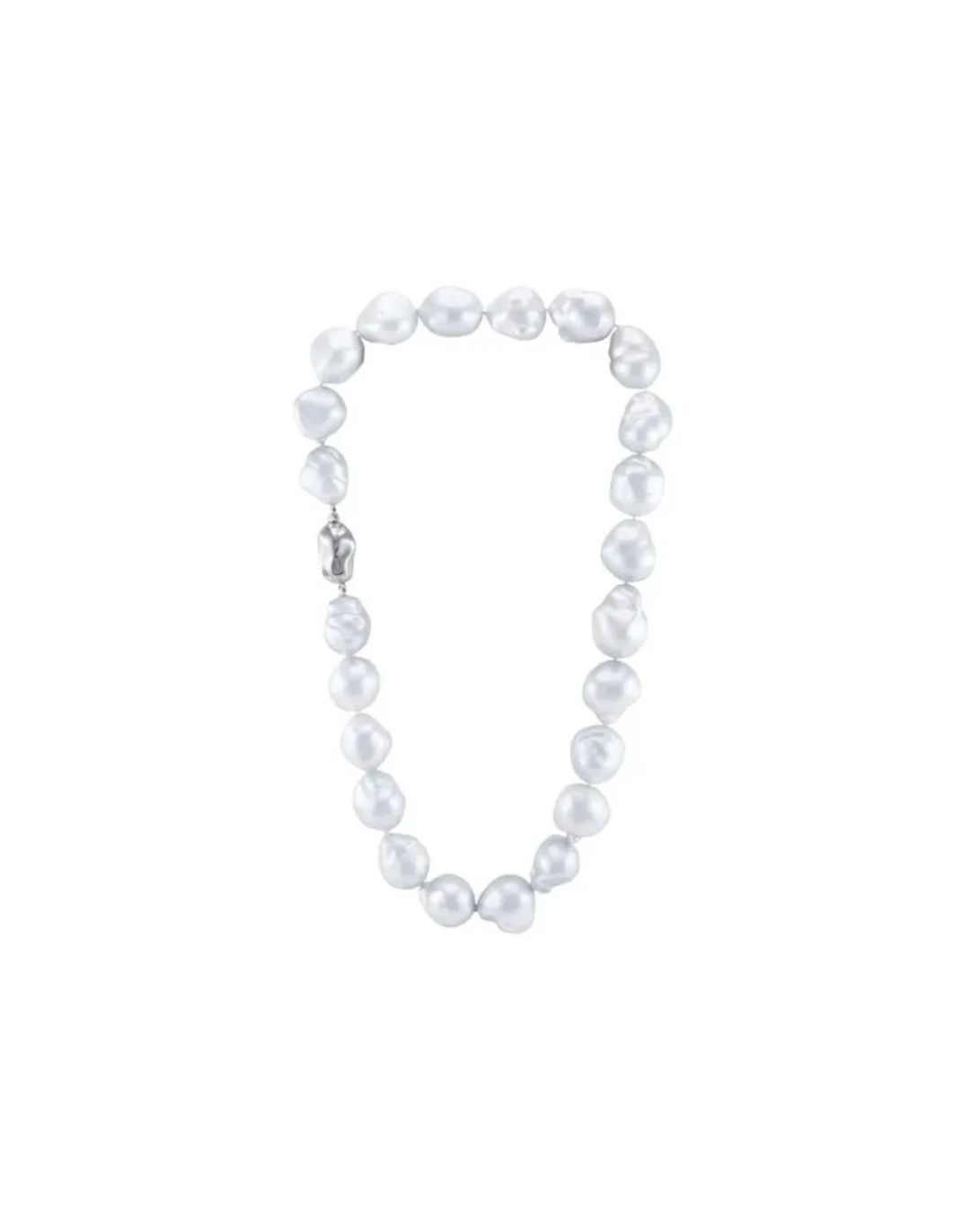 A necklace made of large, irregular, lustrous white baroque pearls arranged in a single strand on a white background.