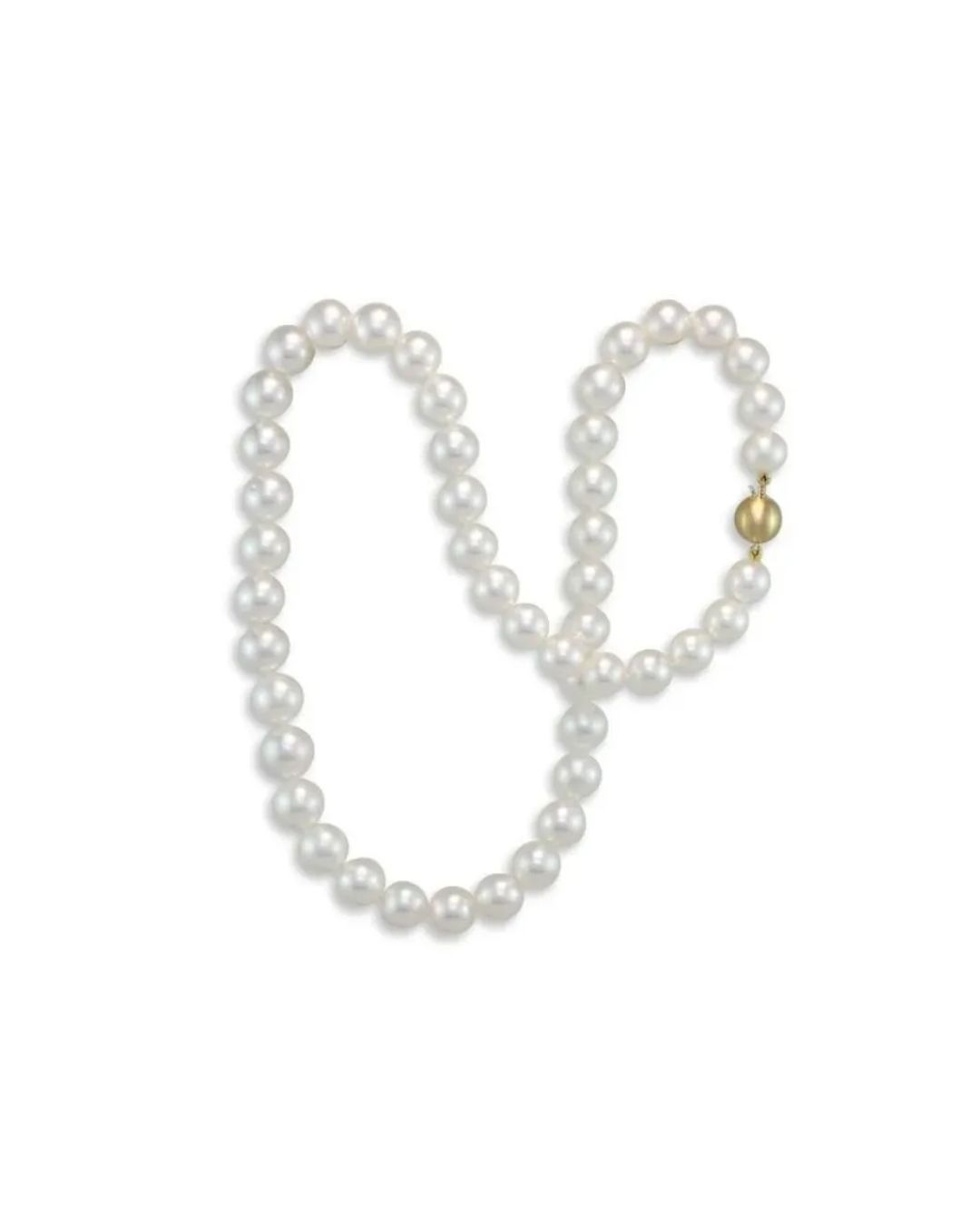 A single strand of white pearls with a round, brushed gold clasp, arranged in a U-shape on a white background.