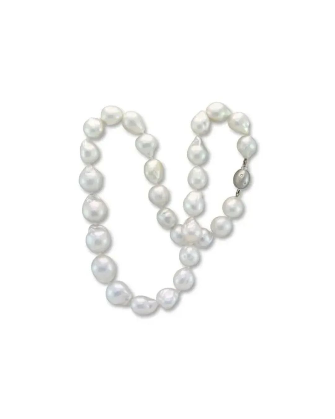 A necklace of white, irregularly shaped baroque pearls against a white background.