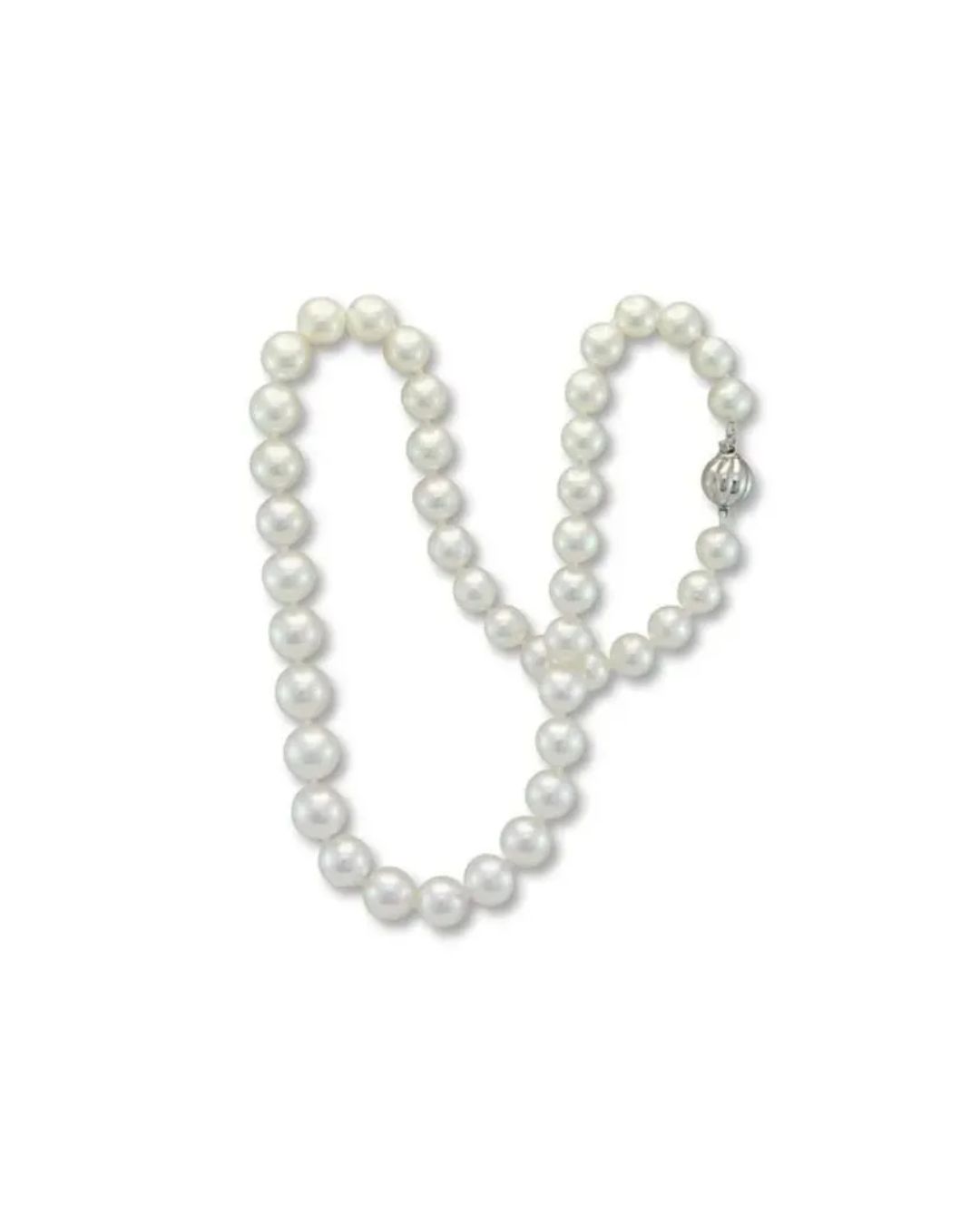 A classic string of white, round pearls with a silver clasp, displayed against a plain white background.