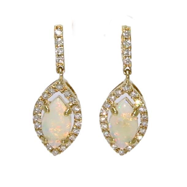 A pair of gold drop earrings, each featuring a marquise-shaped opal stone framed by a halo of small pavé diamonds.