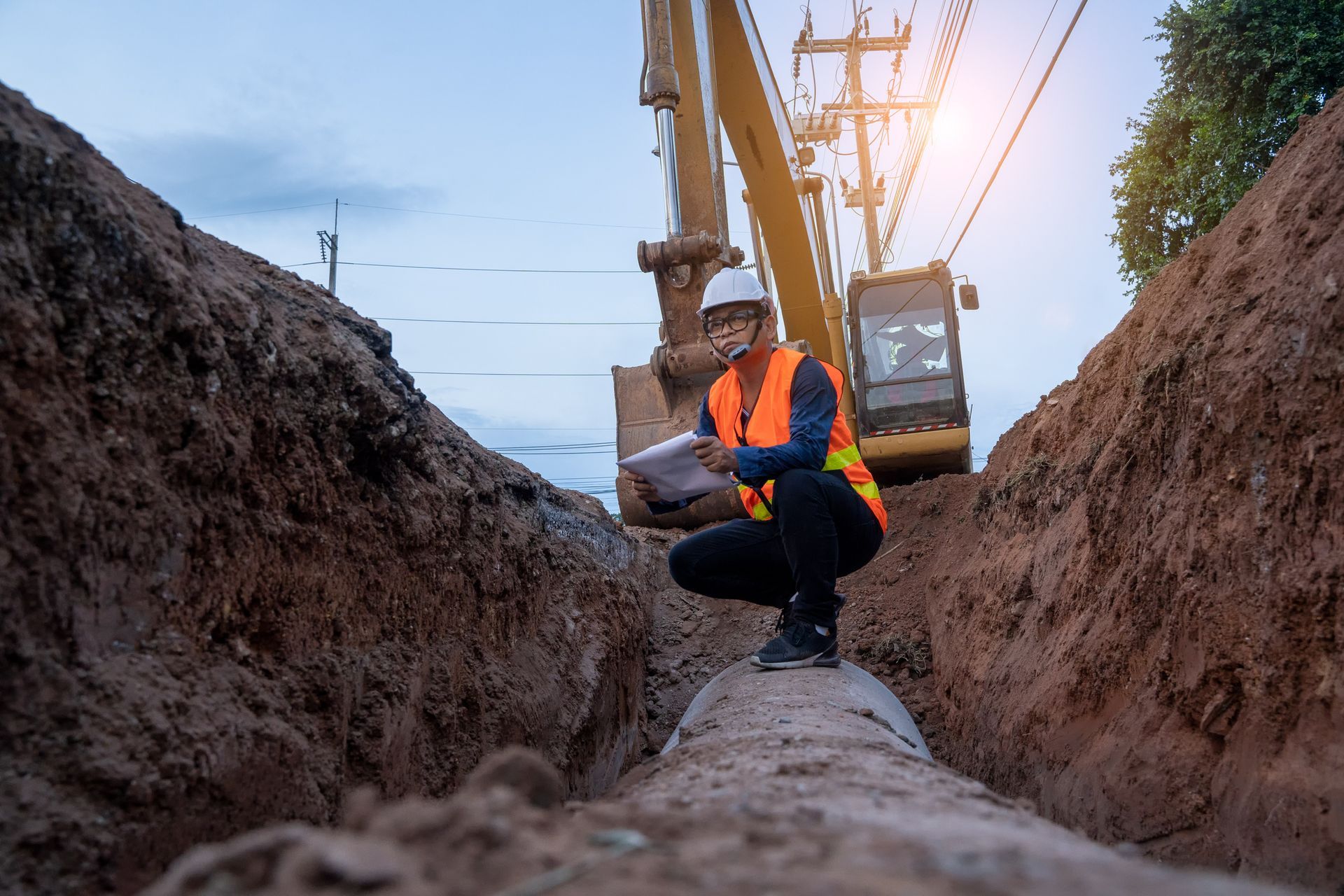 Construction worker examining a pipe in a trench, with an excavator in the background.