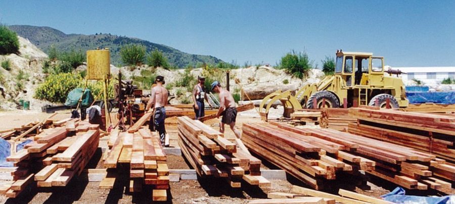 A group of people are working on a pile of wood.