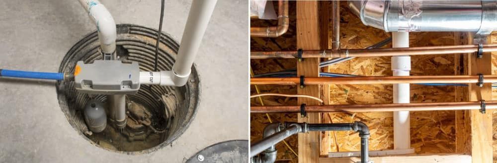A picture of a manhole cover next to a picture of pipes in a house.