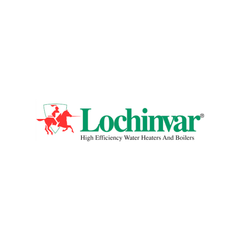 Lochinvar logo: Red knight on horse inside shield, green 