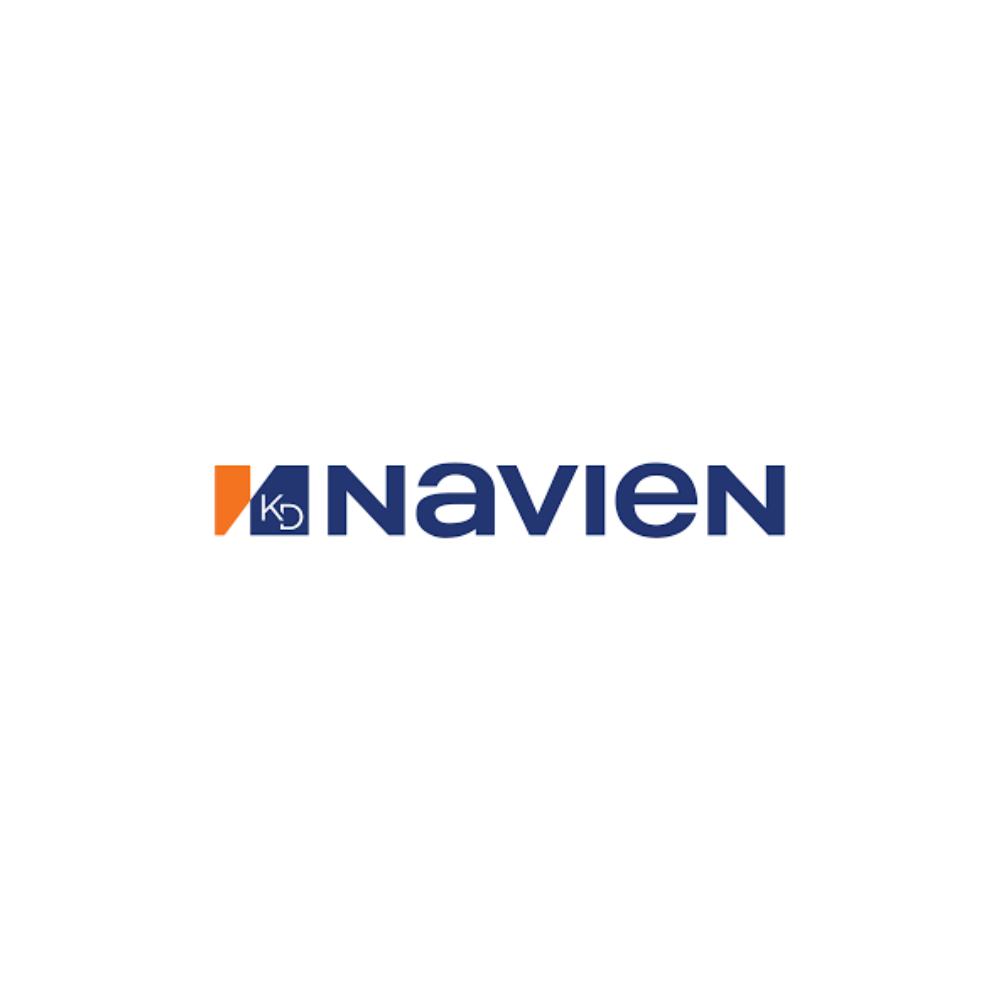 Logo for Navien: blue text on white background with an orange and dark blue graphic, including “KD”.