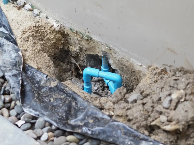 A blue pipe is being installed in a hole in the ground.