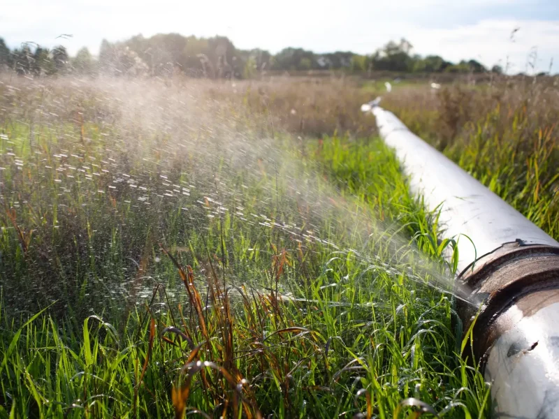 A pipe is being sprayed with water in a field.