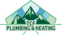 A logo for tcf plumbing and heating with a mountain in the middle.