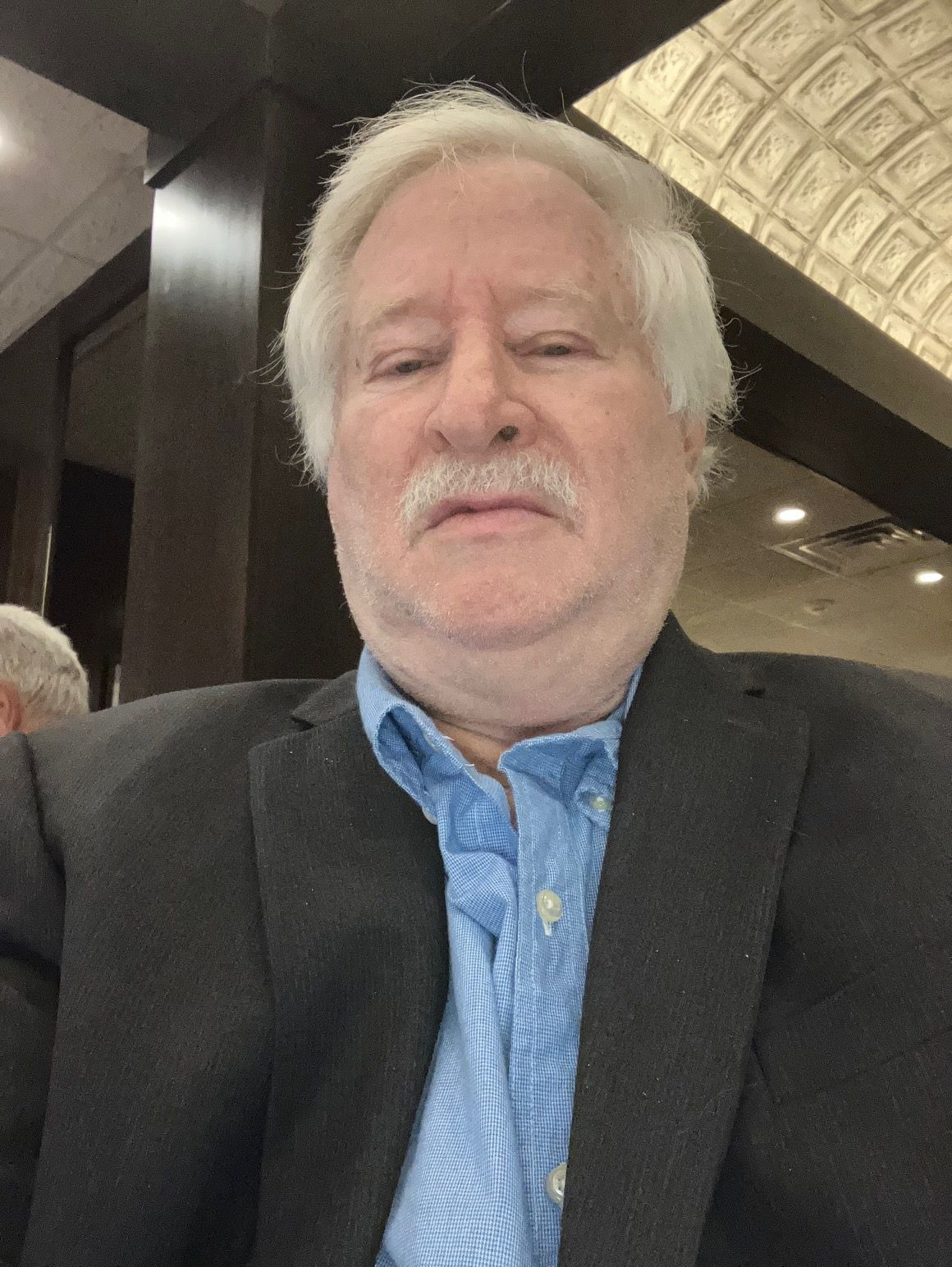 A man with white hair and a mustache is wearing a suit and blue shirt.