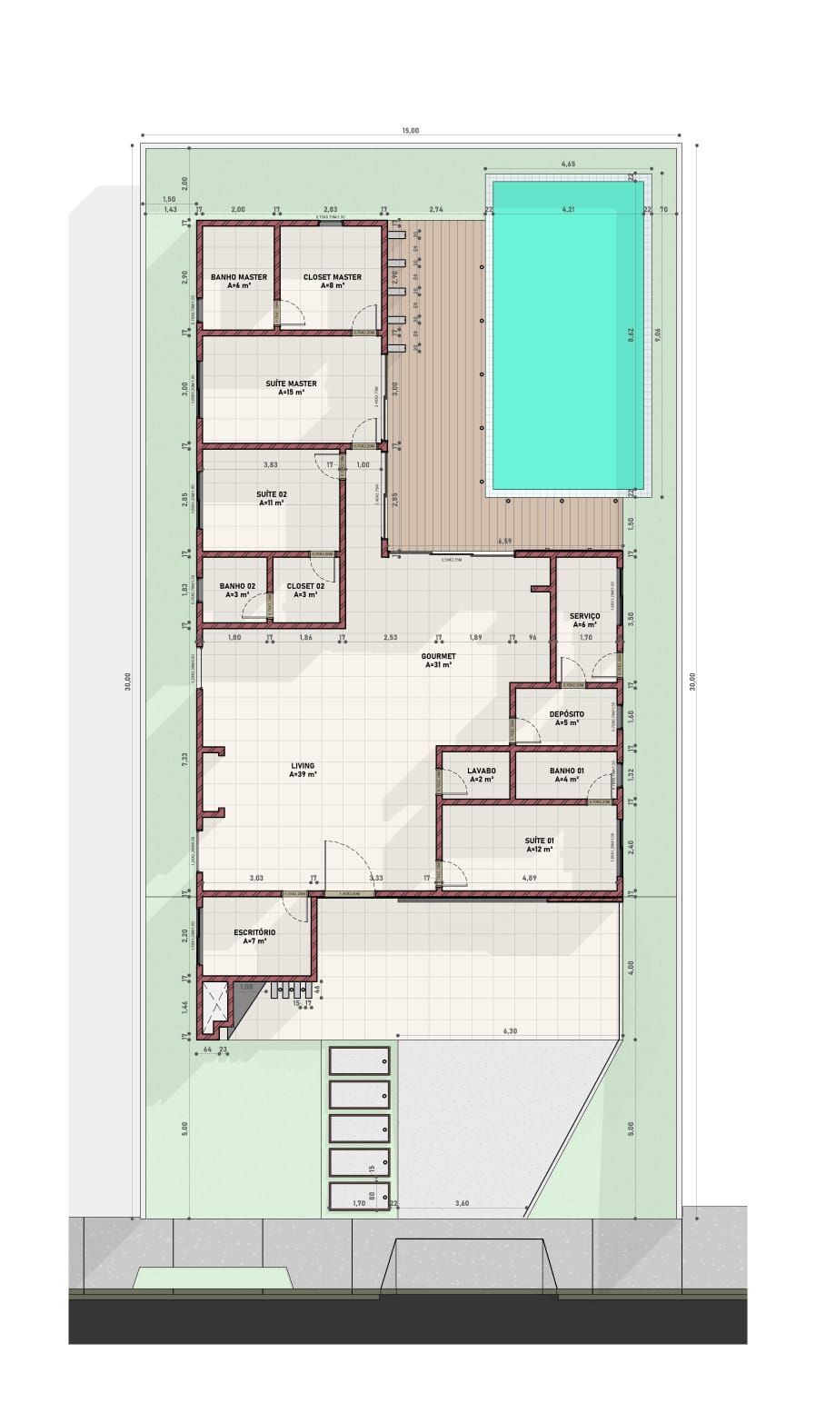 Uma planta baixa de uma casa com piscina.