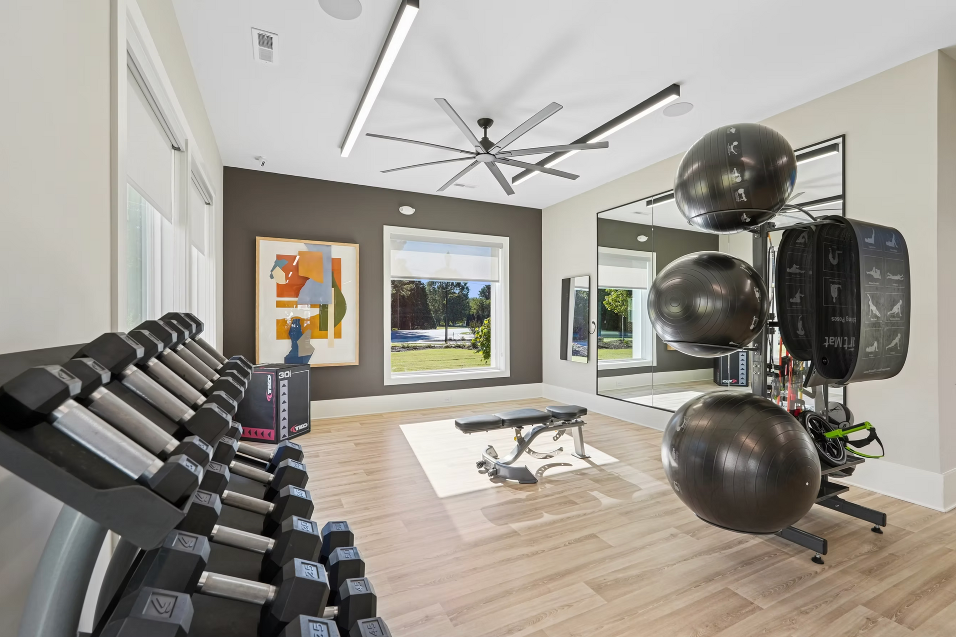 Modern home gym with dumbbells, exercise balls, a bench, and large windows in a bright room