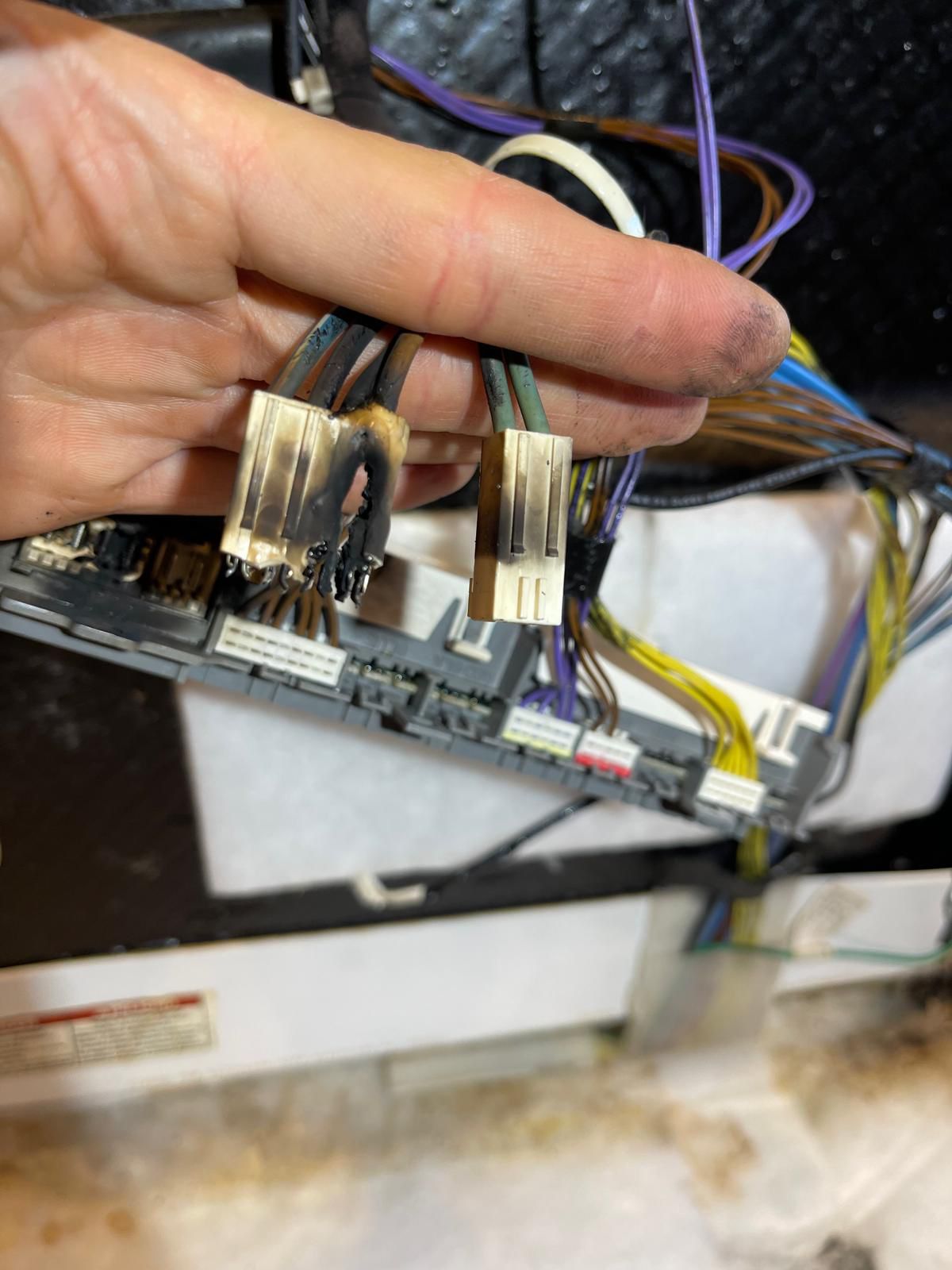 Hand holding a circuit board with burned wires, likely from a dishwasher.