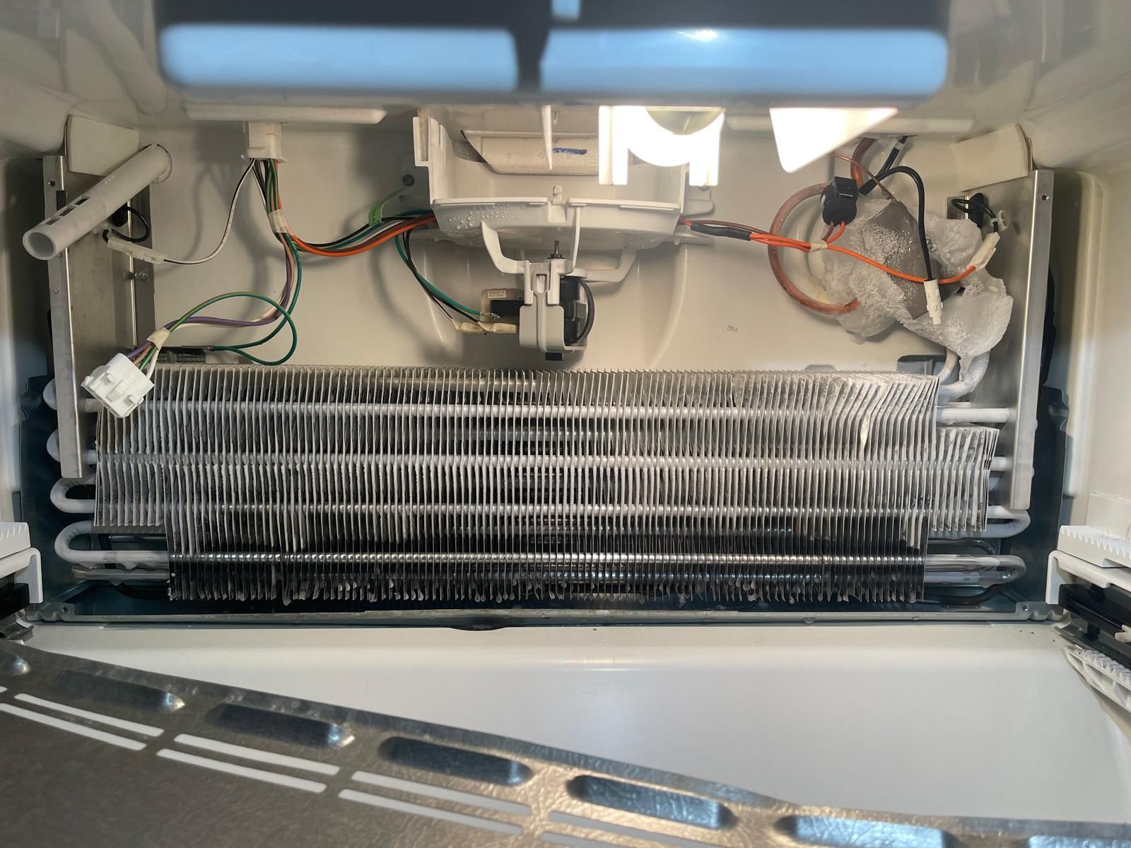 Inside of a refrigerator freezer, a coil covered in frost is visible. Electrical wiring and components are present.