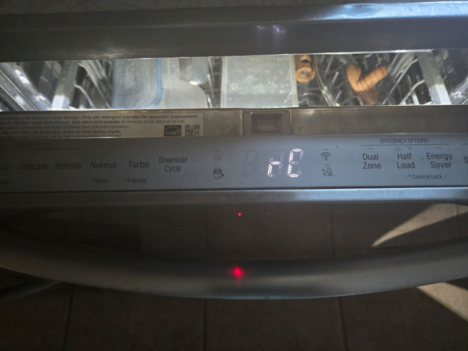 Dishwasher control panel displaying