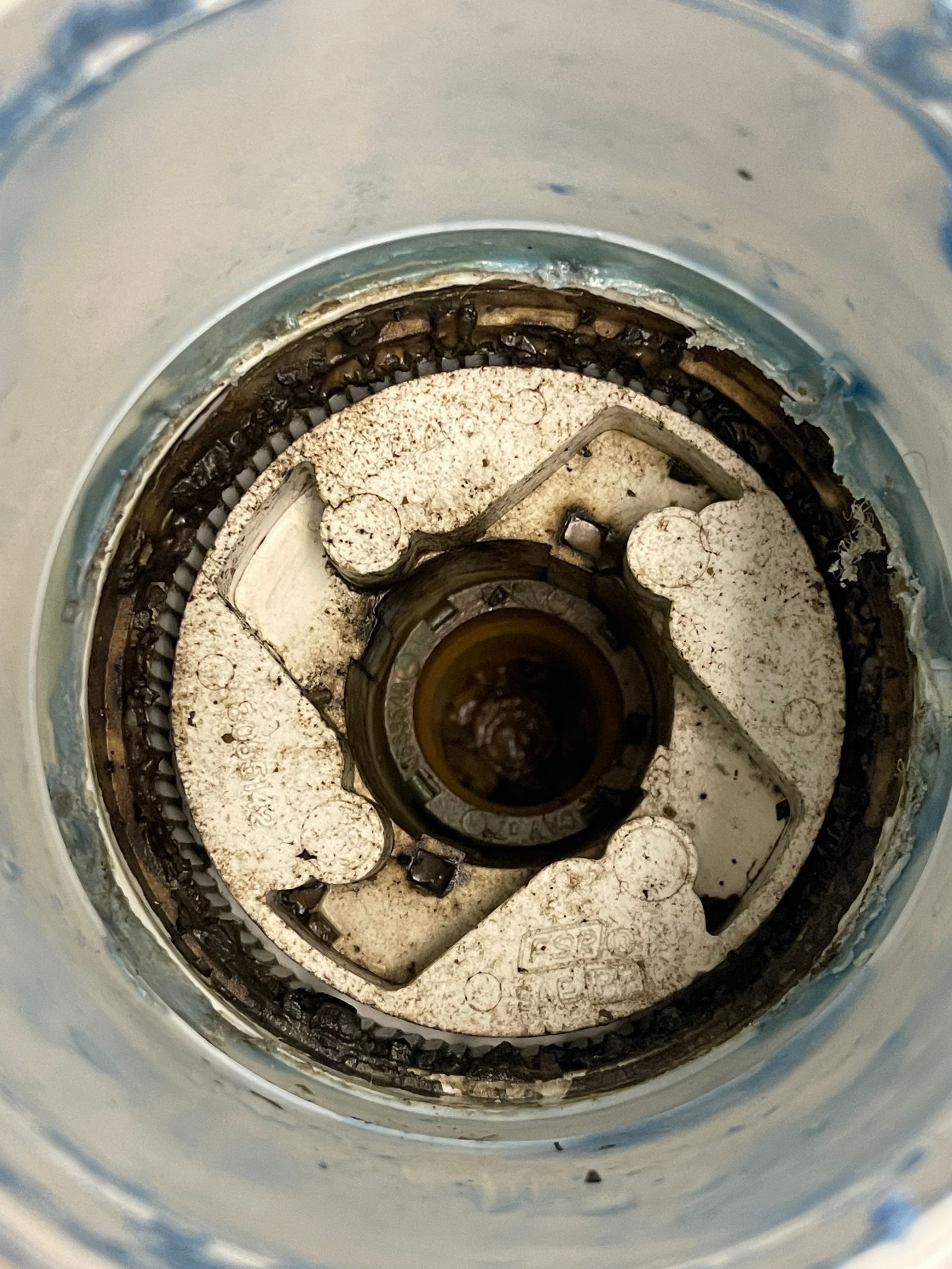 Overhead view inside a dirty light fixture, showing a central brass component, surrounded by a white and black mechanism.