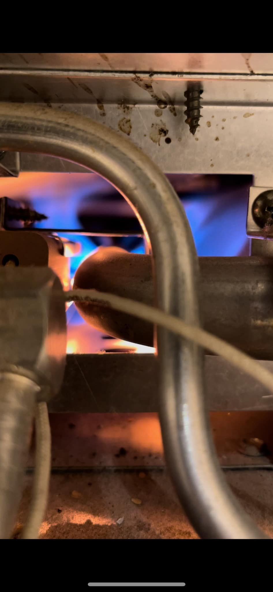 Flames in a furnace, with blue and orange hues, viewed through metal tubing and a metal frame.