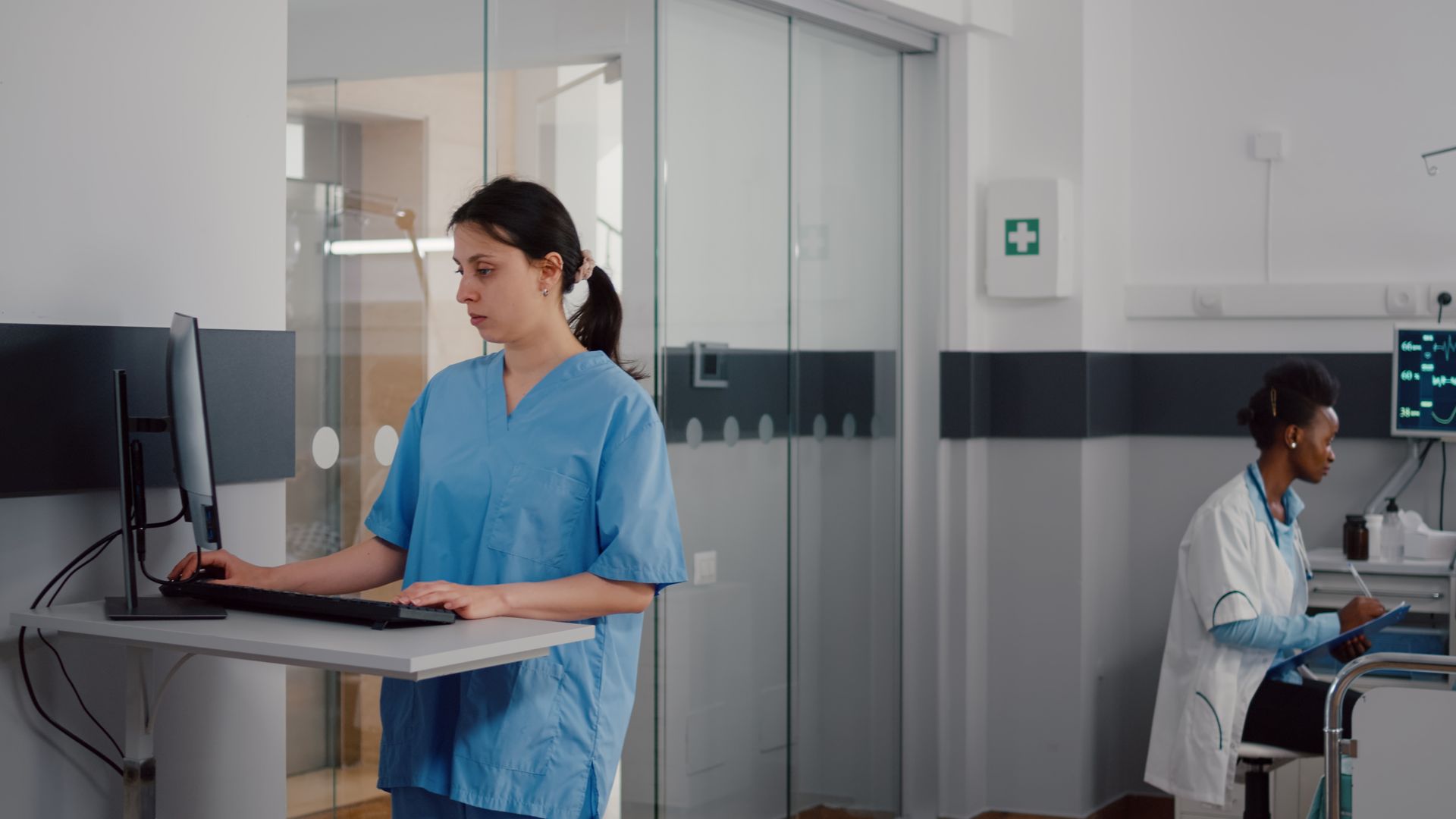Médica negra sentada e enfermeira branca de pé, ambas utilizando computadores.