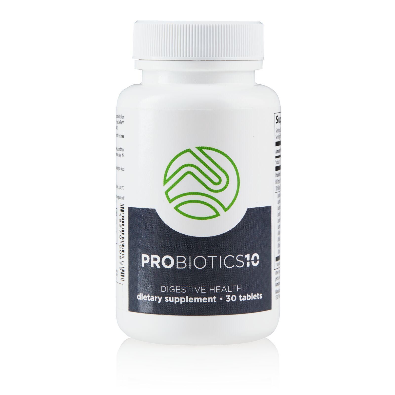 A bottle of probiotics is sitting on a white surface.
