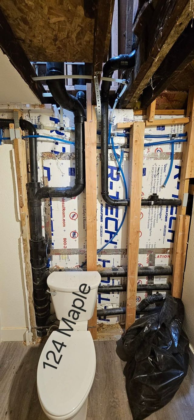 A toilet installed in front of an unfinished wall with exposed black plumbing pipes and wooden framing.