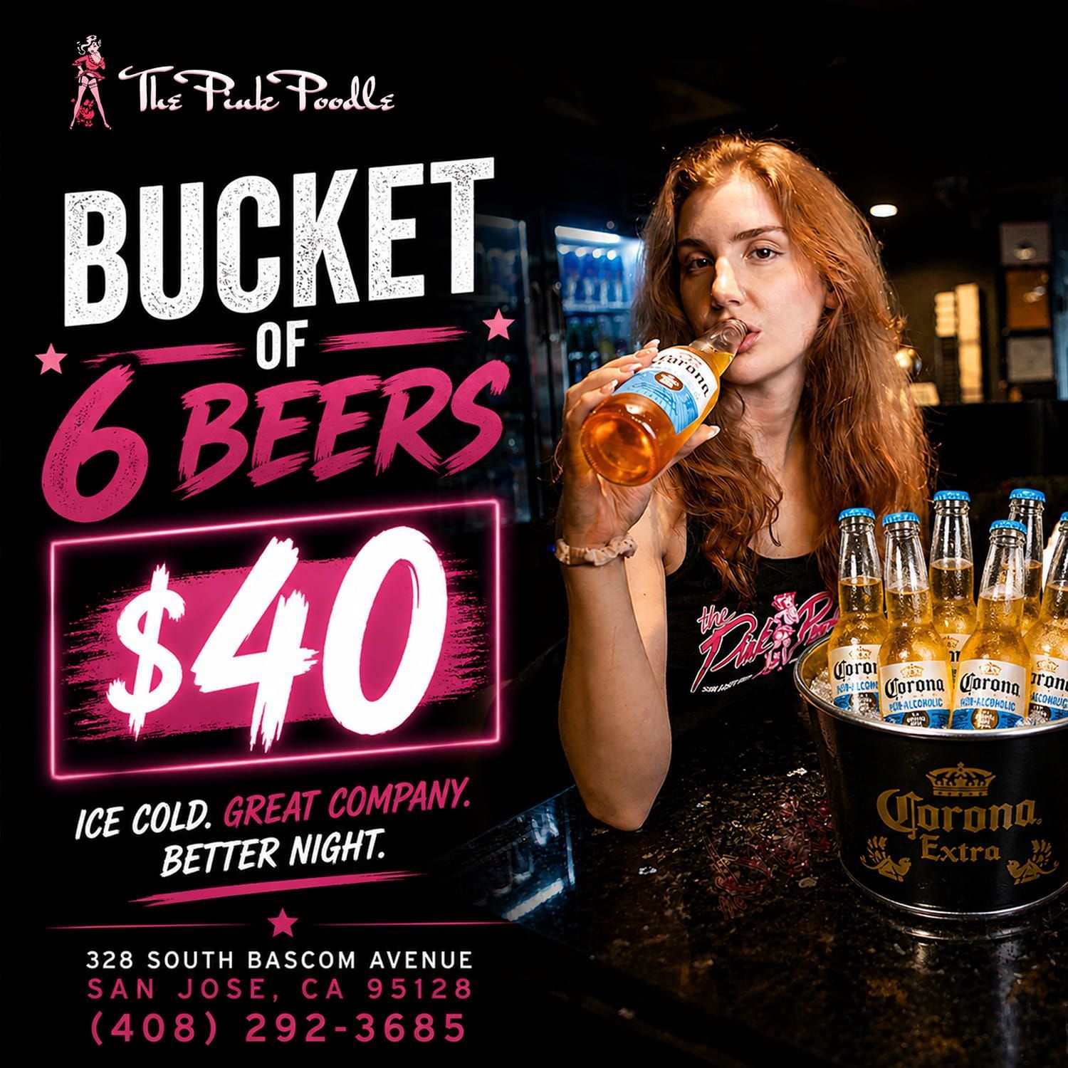 Promotional poster for a bar special: bucket of 6 beers for $40, with a woman holding a beer bottle.