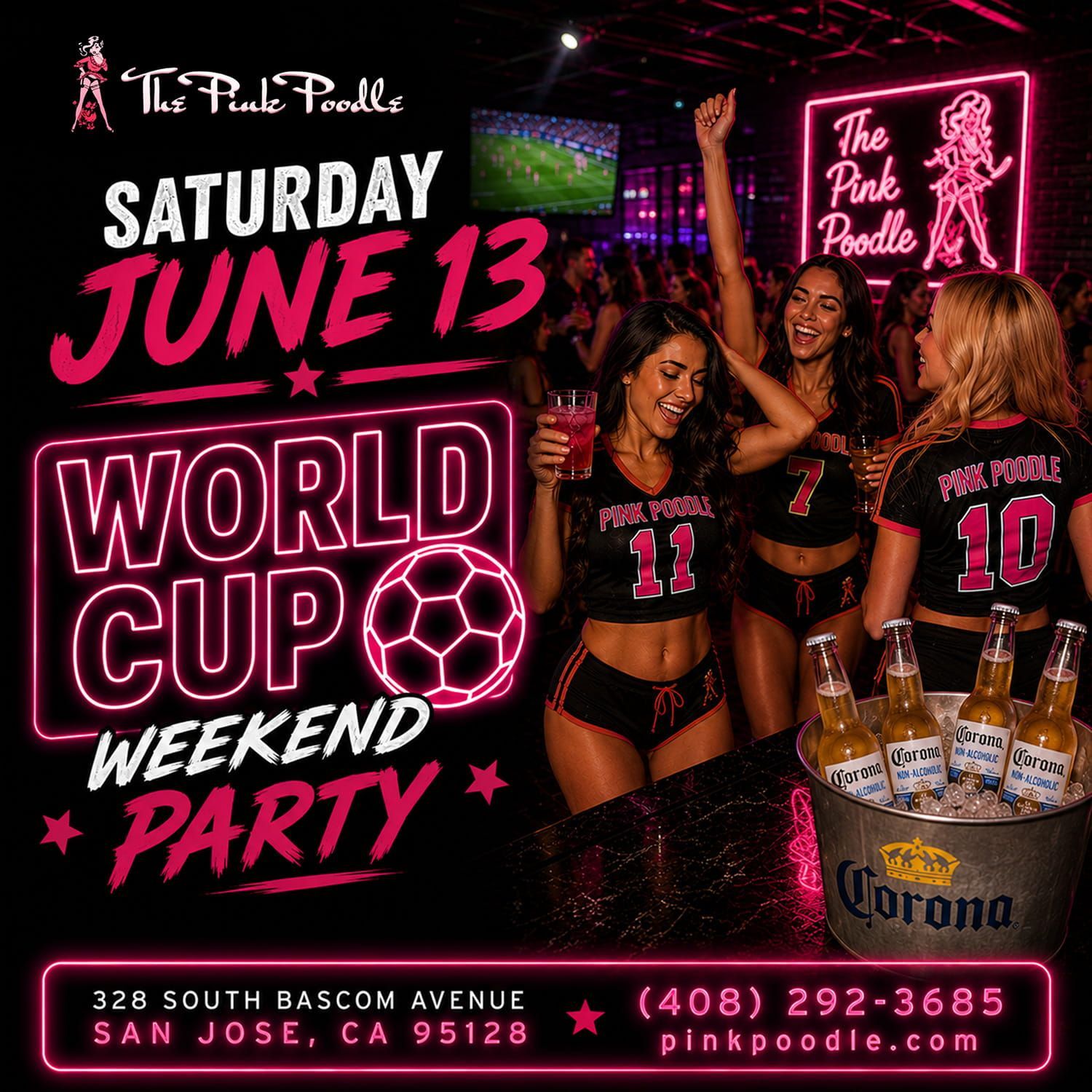 Pink-and-black World Cup Weekend Party flyer with neon text, women, and Corona bottles