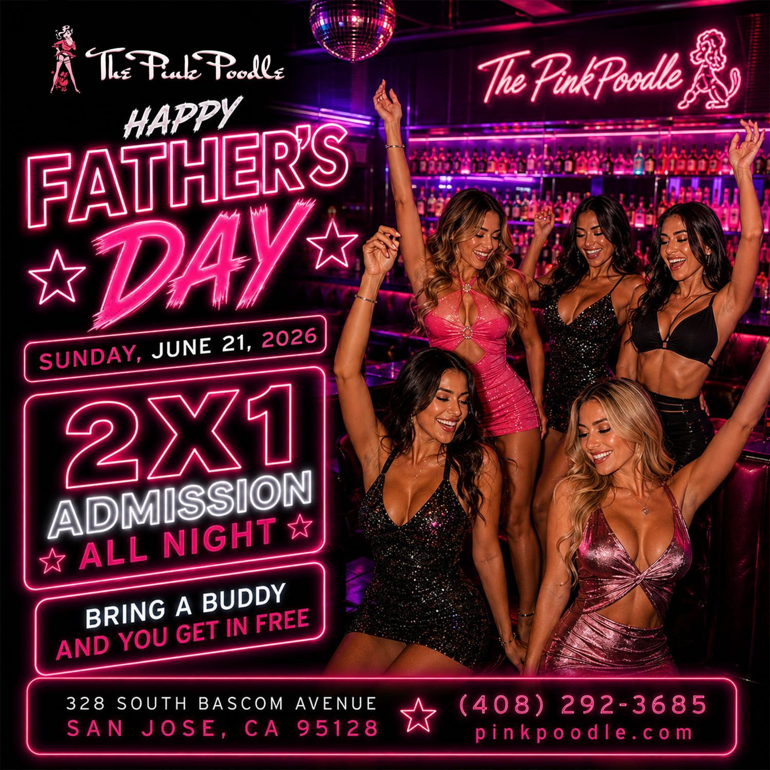 Neon pink Father's Day 2x1 nightclub flyer with women dancing and event details for Sunday, June 21, 2026.
