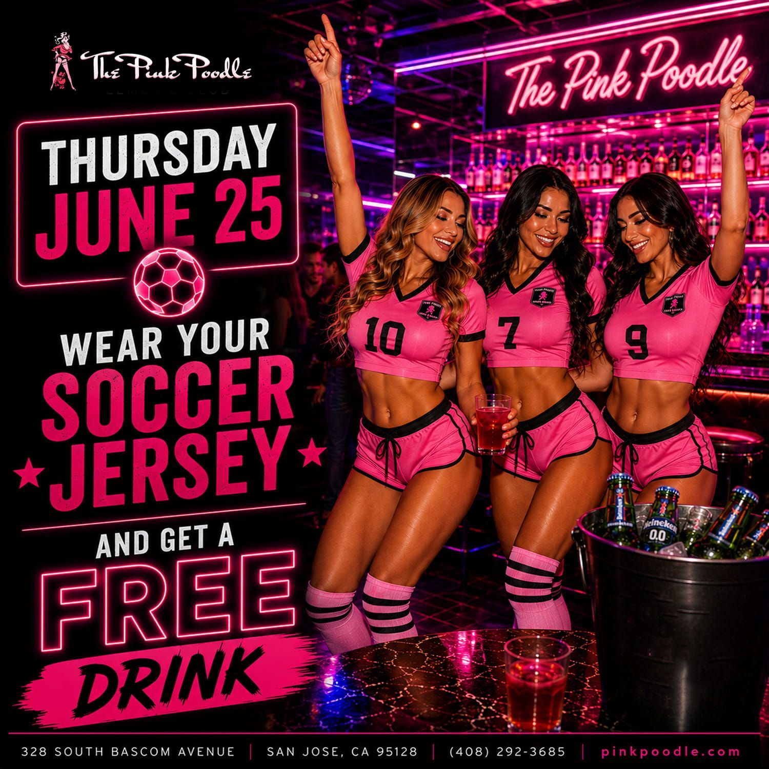 Pink-themed nightclub promo poster for Thursday June 25: wear a soccer jersey and get a free drink.