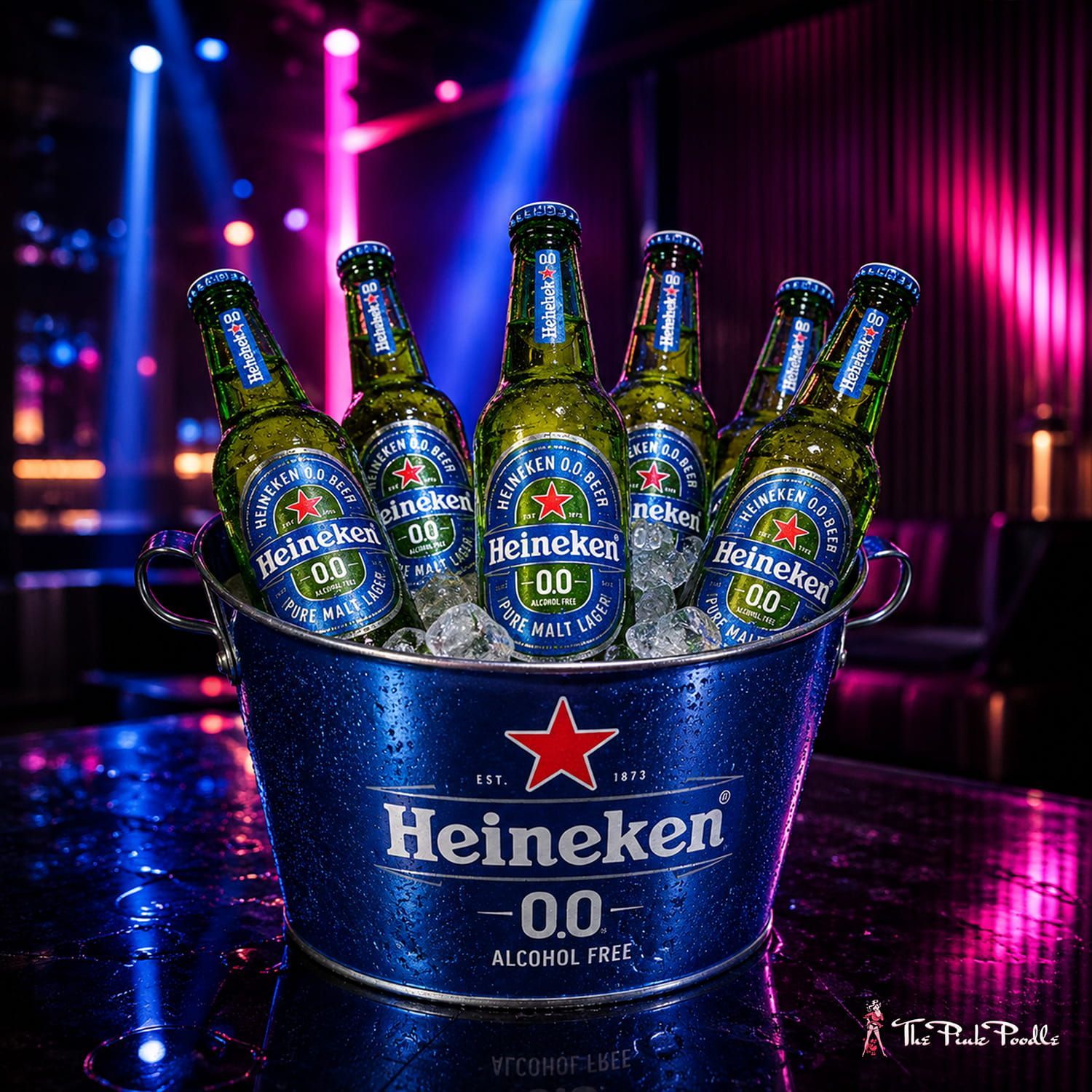 Heineken 0.0 bottle bucket with five green bottles on a neon-lit bar table