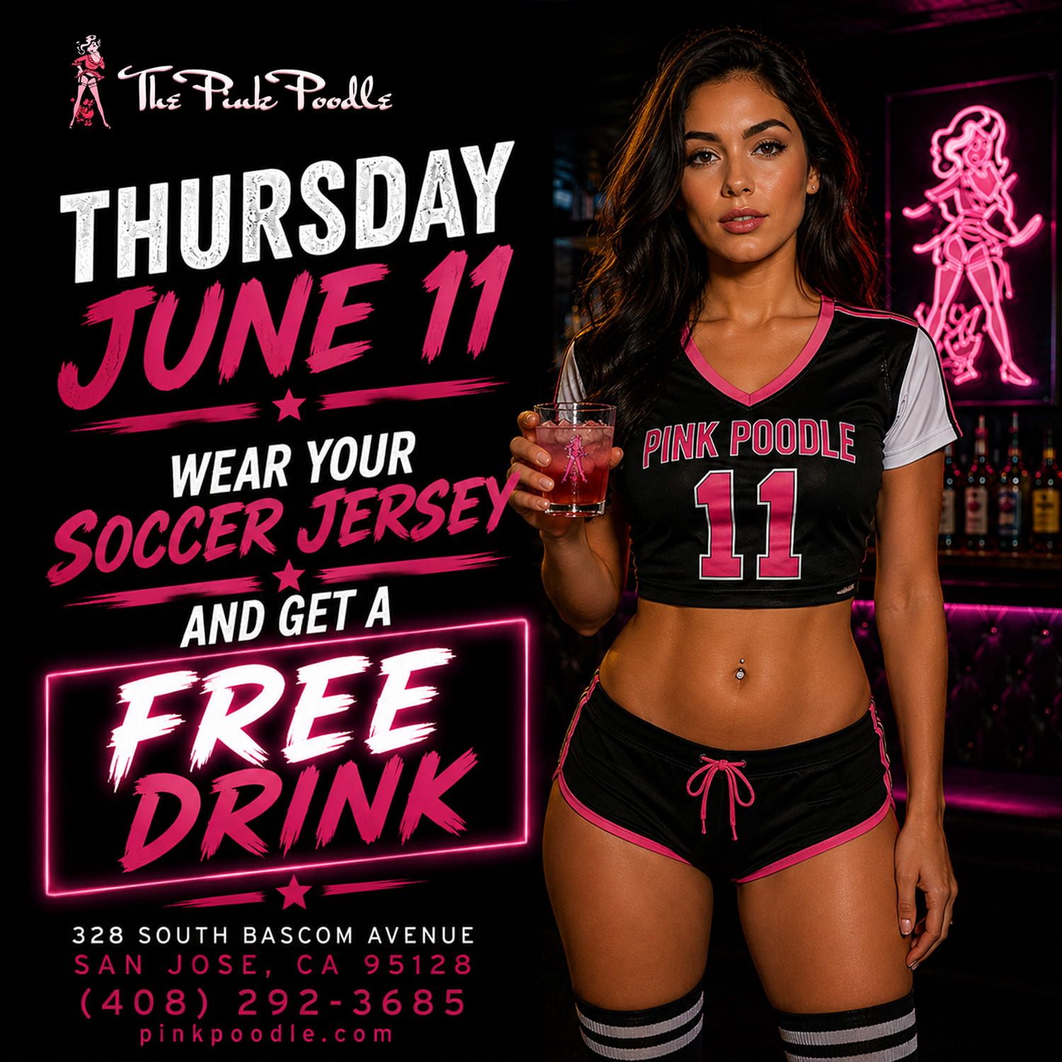 Promotional flyer for Thursday, June 11: wear a soccer jersey, get a free drink at The Pink Poodle.