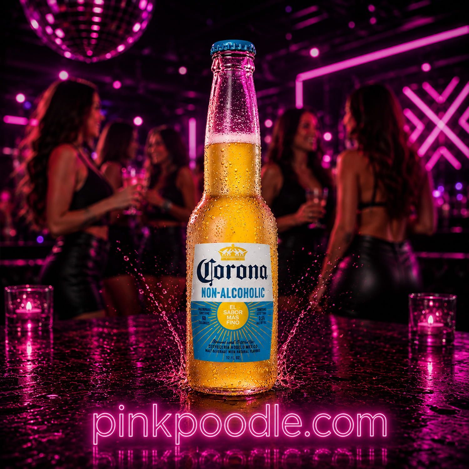 Corona beer bottle glowing pink in a nightclub with blurred people dancing in the background.
