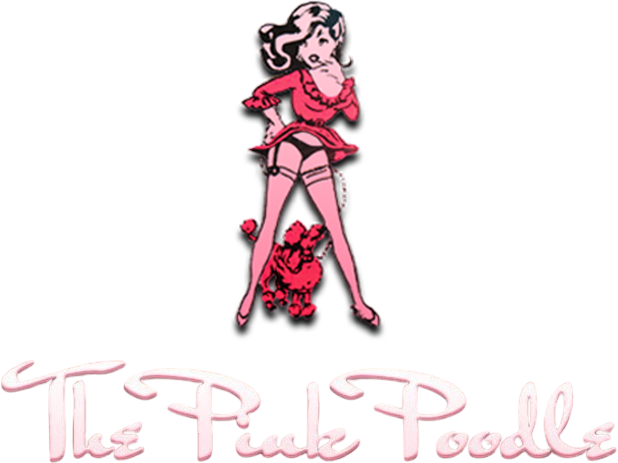 Pink stylized poodle with a leash, above the words “The Poodle Poole”