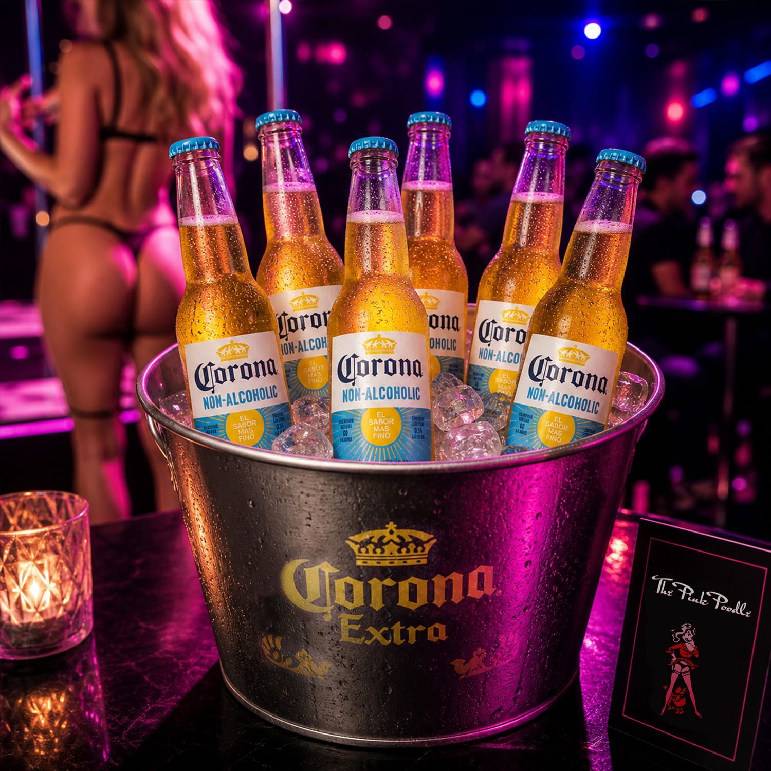 Six Corona Extra bottles in an ice bucket at a neon-lit nightclub table, with a candle nearby.