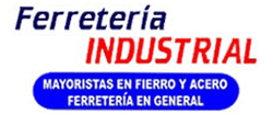 Logo for "Ferretería Industrial". Text is blue and red. Blue oval says "Mayristas en fierro y acero, ferretería en general".