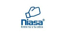 Logotipo azul para Niasa, que representa un guante de boxeo sobre el nombre de la empresa y el lema