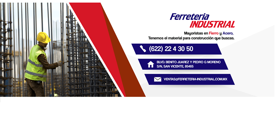 Tarjeta de presentación para Ferretería Industrial con un trabajador de la construcción, detalles en rojo y azul.