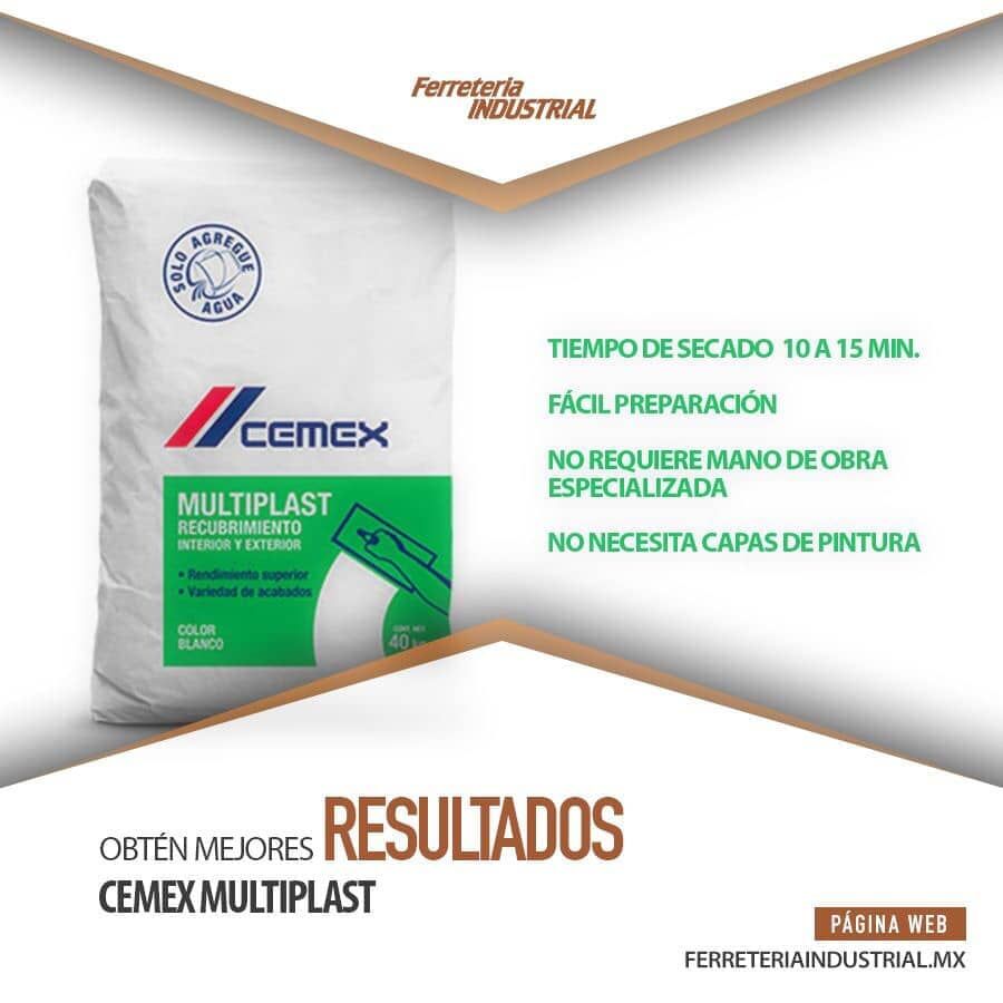 Anuncio de Cemex Multiplast, un material de construcción, que muestra una bolsa y los principales beneficios del producto.